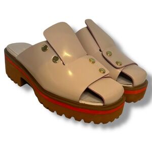 ALL BLACK Over & Stud Mule Platform Sandals Beige Patent Leather Chunky Sole 38